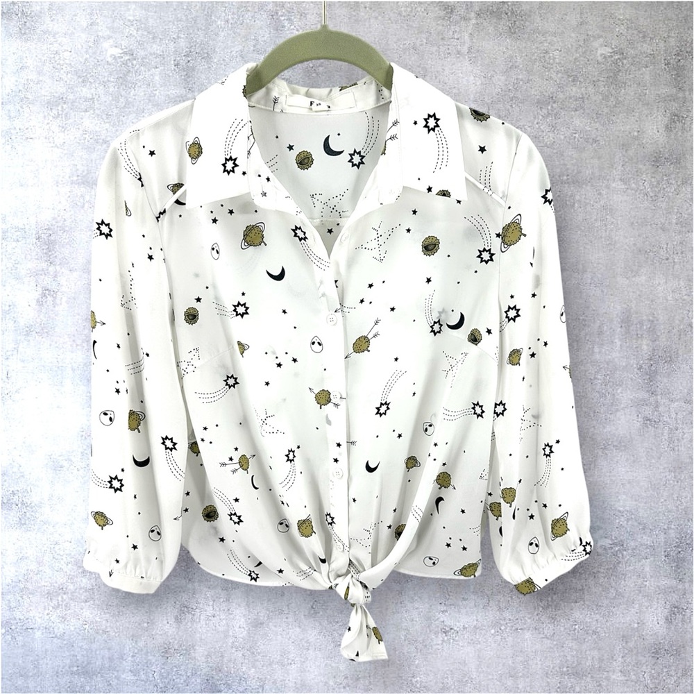 Puella Celestial Top Womens Small Stars Moon Alien Whimsigoth Fairy Grunge Sheer